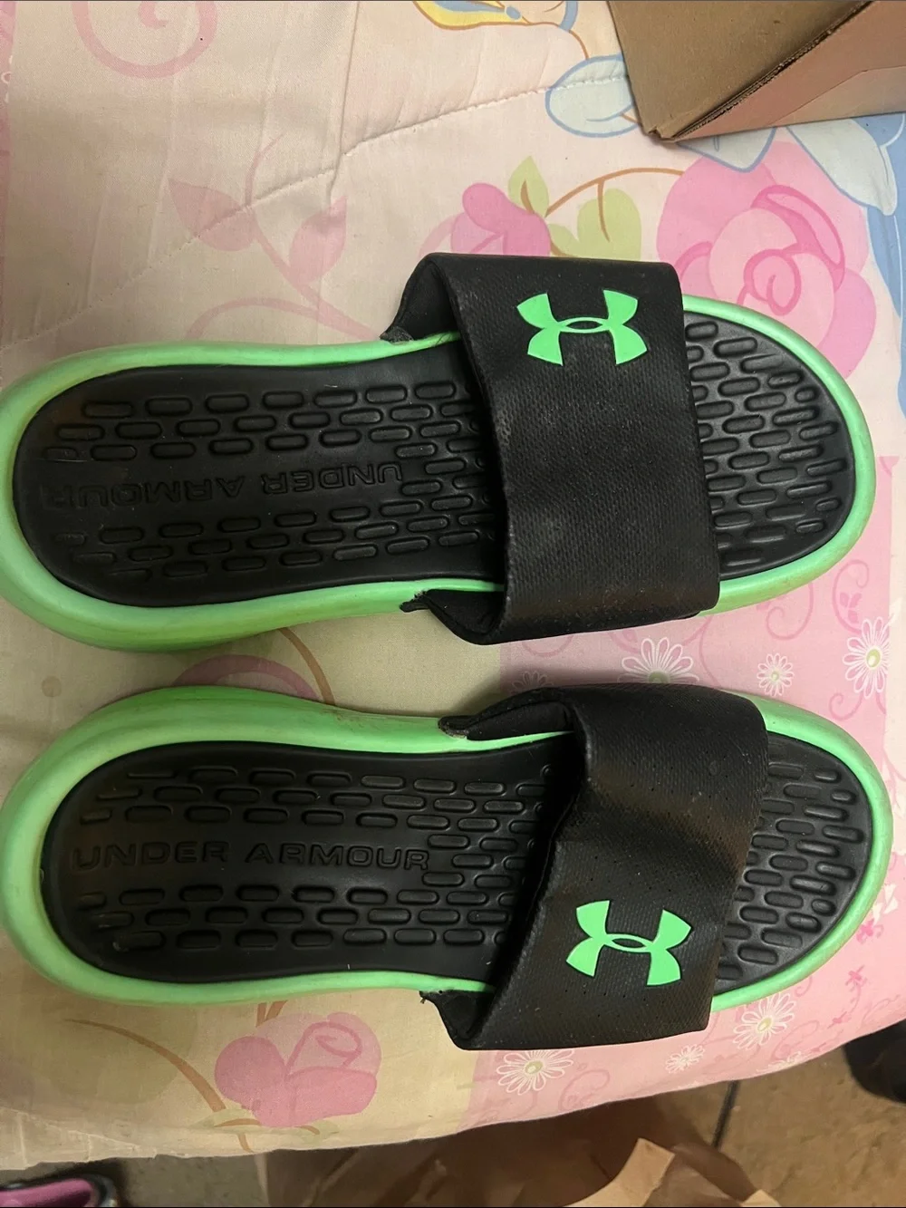 Under Armour Black and Neon Green Kids Slide Sandals